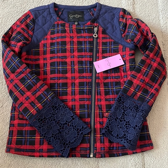 NWT tween Jessica Simpson retro plaid asymmetrical zip up jacket